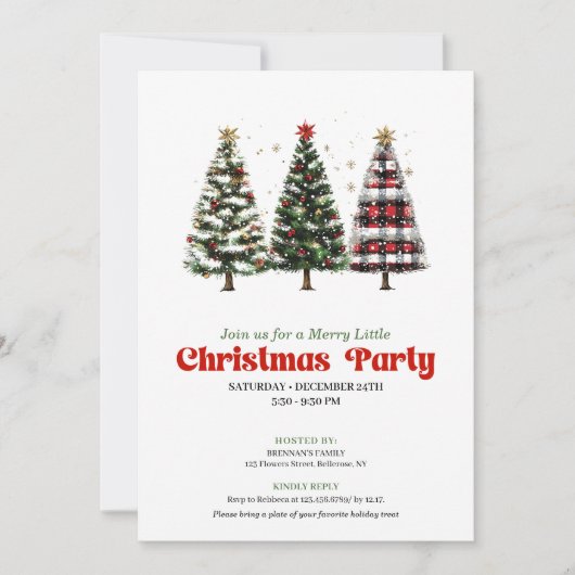 Modern red plaid buffalo Christmas tree invite 招待状 (正面)