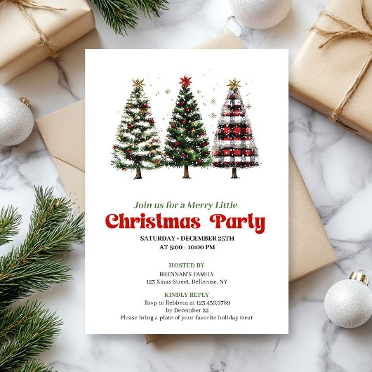 Modern red plaid buffalo Christmas tree invite 招待状
