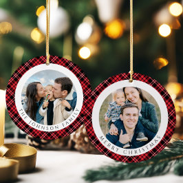 Modern Red Plaid Photo Christmas セラミックオーナメント