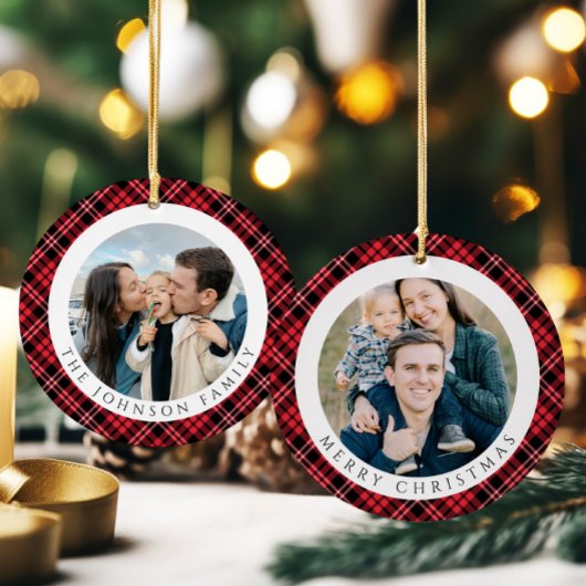 Modern Red Plaid Photo Christmas セラミックオーナメント