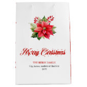 Modern Red Poinsettia Botanical Holiday Gift Bag ミディアムペーパーバッグ (正面)