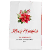 Modern Red Poinsettia Botanical Holiday Gift Bag ミディアムペーパーバッグ (裏面)