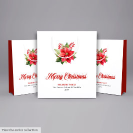 Modern Red Poinsettia Botanical Holiday Gift Bag ミディアムペーパーバッグ