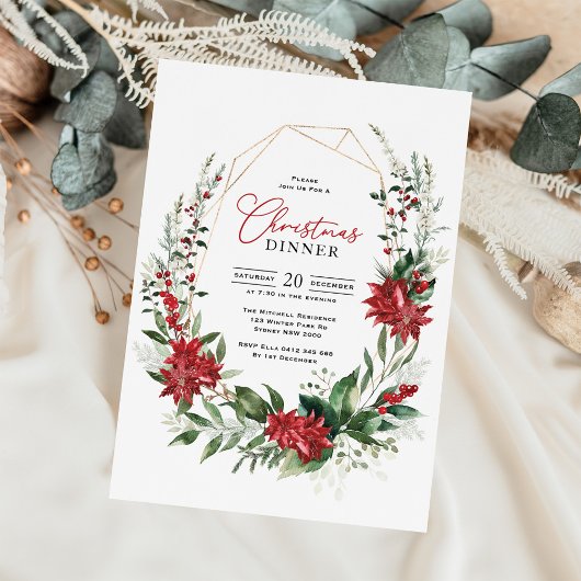 Modern Red Poinsettia Greenery Christmas Dinner 招待状