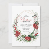 Modern Red Poinsettia Greenery Christmas Dinner 招待状 (正面)