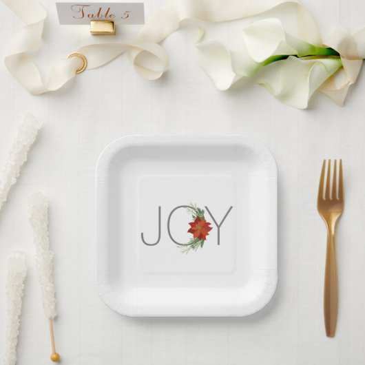 Modern Red poinsettia Holiday Joy Christmas ペーパープレート (ウェディング)