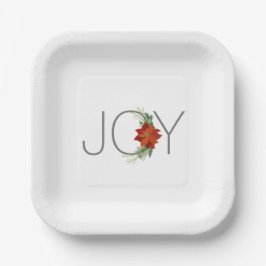 Modern Red poinsettia Holiday Joy Christmas ペーパープレート