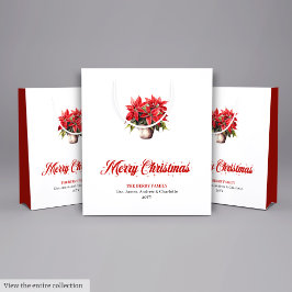 Modern Red Poinsettia Watercolor Christmas Bags ミディアムペーパーバッグ