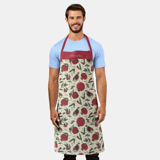 Modern Red Pomegranate Fruit Pattern エプロン (着用した状態)