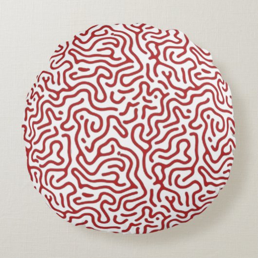 Modern Red Reaction Diffusion Organic Abstract Pat ラウンドクッション (正面)