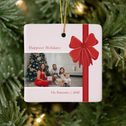 Modern Red Ribbon Bow Wrap Photo Christmas セラミックオーナメント (ツリー)
