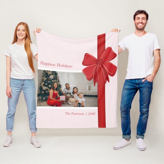 Modern Red Ribbon Bow Wrap Photo Christmas フリースブランケット (インサイチュ)