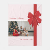 Modern Red Ribbon Bow Wrap Photo Christmas フリースブランケット (正面)