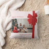 Modern Red Ribbon Bow Wrap Photo Christmas Gift クッション (ブランケット)