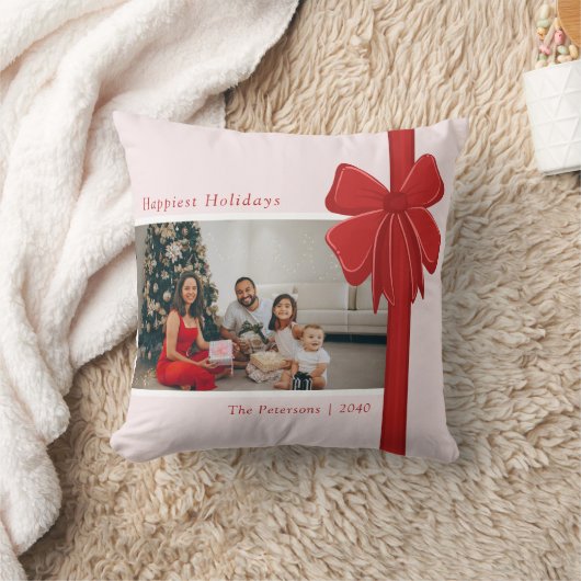 Modern Red Ribbon Bow Wrap Photo Christmas Gift クッション (ブランケット)