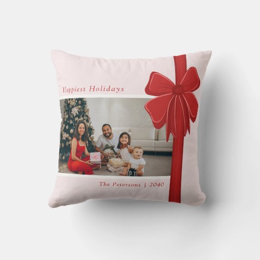 Modern Red Ribbon Bow Wrap Photo Christmas Gift クッション (裏面)
