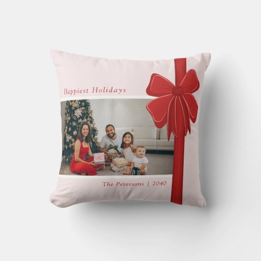 Modern Red Ribbon Bow Wrap Photo Christmas Gift クッション (正面)