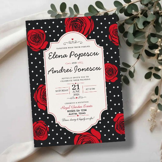 Modern Red Rose Elegant Black and Red Romantic  招待状