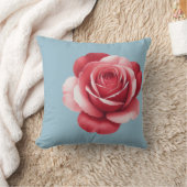 Modern Red Rose Throw Pillow on Dusty Blue Bold  クッション (ブランケット)