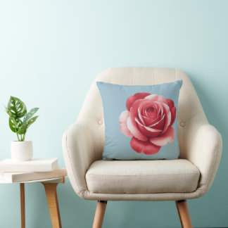 Modern Red Rose Throw Pillow on Dusty Blue Bold  クッション