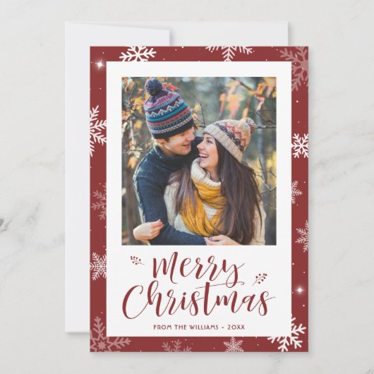 Modern Red Snowflake Photo Christmas Card シーズンカード (正面)