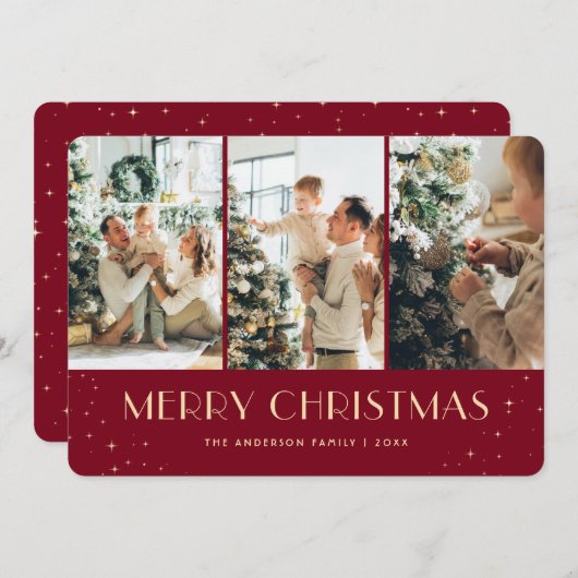 Modern Red Starry Night Photo Christmas Card シーズンカード (正面/裏面)