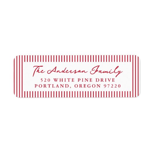 Modern Red Stripes Holiday Return Address ラベル (正面)