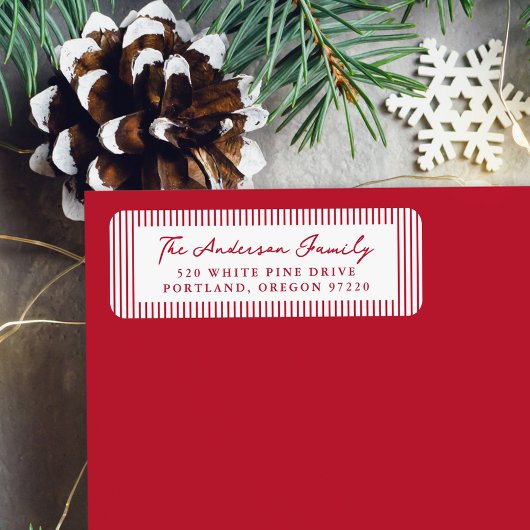 Modern Red Stripes Holiday Return Address ラベル