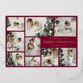 Modern Red Stylish Multi Photo Grid Holiday Card 箔シーズンカード (正面)