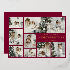 Modern Red Stylish Multi Photo Grid Holiday Card 箔シーズンカード