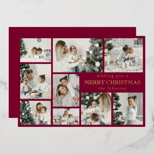 Modern Red Stylish Multi Photo Grid Holiday Card 箔シーズンカード (正面/裏面)