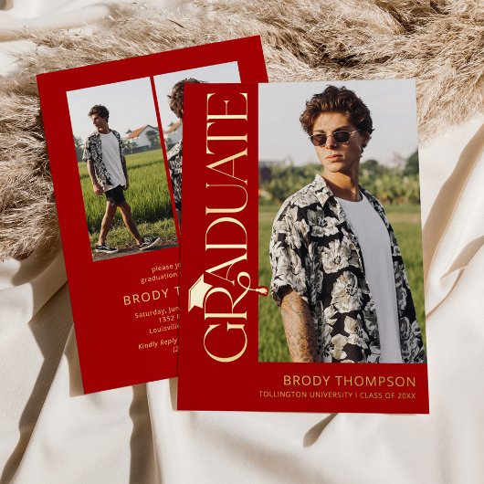 Modern Red Tassel 3 Photo Graduation 箔招待状