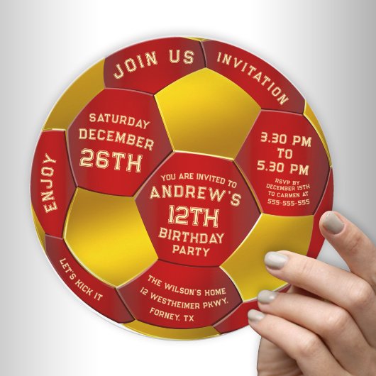 Modern Red Text Soccer Ball Birthday Invitation  セーブザデート