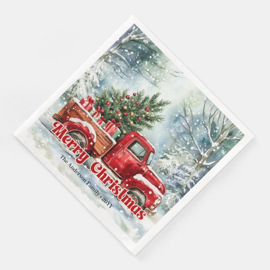 Modern red truck Christmas scene rustic napkins  (コーナー)