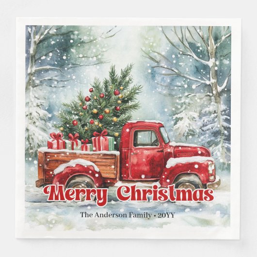 Modern red truck Christmas scene rustic napkins  (正面)