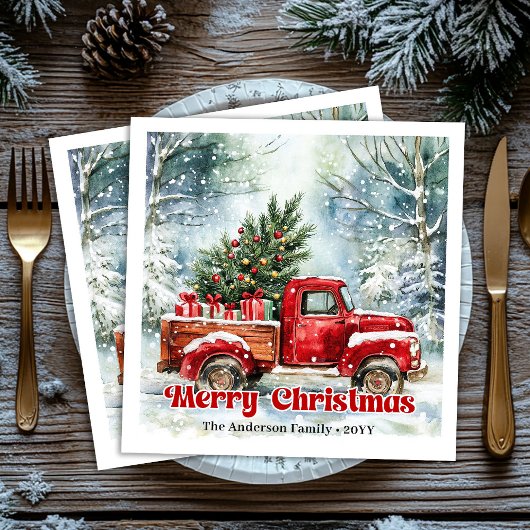 Modern red truck Christmas scene rustic napkins 