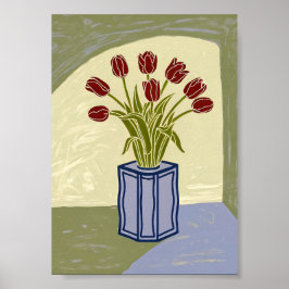 Modern Red Tulips in Blue Square Vase Art Poster  ポスター