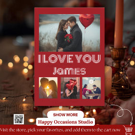 Modern Red Valentine’s Day Photo Card – 4 Photos 招待状