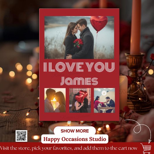 Modern Red Valentine’s Day Photo Card – 4 Photos 招待状