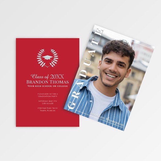 Modern Red Vertical Name Graduation Photo Card 招待状