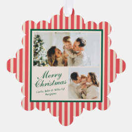 Modern Red Vertical Stripe 2 Photo Christmas オーナメントカード