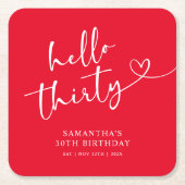 Modern Red White Hello 30th Birthday スクエアペーパーコースター (正面)