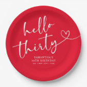 Modern Red White Hello 30th Birthday ペーパープレート (正面)