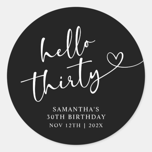 Modern Red White Hello 30th Birthday ラウンドシール (正面)