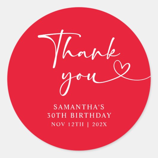 Modern Red White Hello 30th Birthday ラウンドシール (正面)