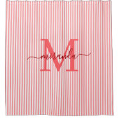 Modern Red & White Stripes Monogram Name シャワーカーテン (正面)