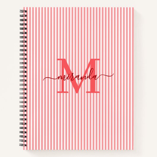Modern Red & White Stripes Monogram Name ノートブック (正面)