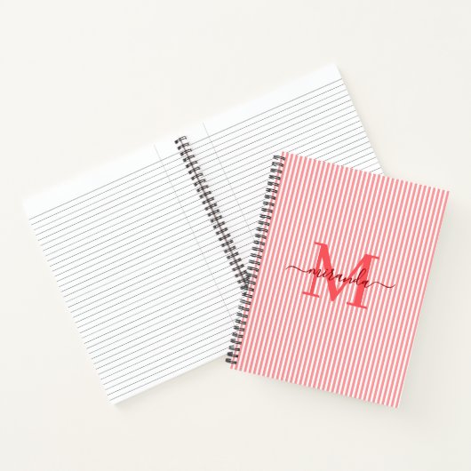 Modern Red & White Stripes Monogram Name ノートブック (内部)