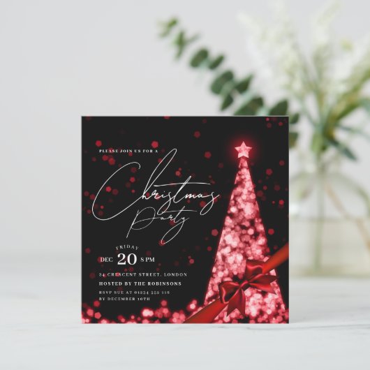 MODERN Red Winter Christmas Tree Bow Party  招待状 (スタンド正面)