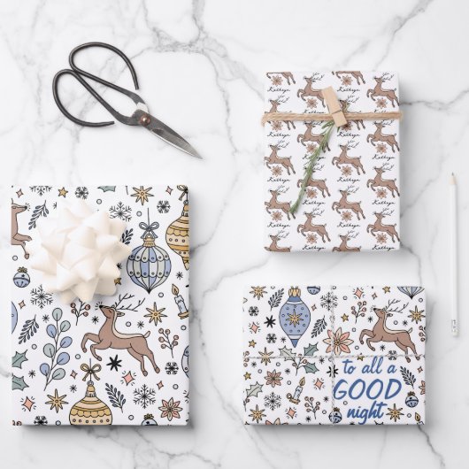 Modern Reindeer Pattern Personalized Christmas ラッピングペーパーシート (正面)